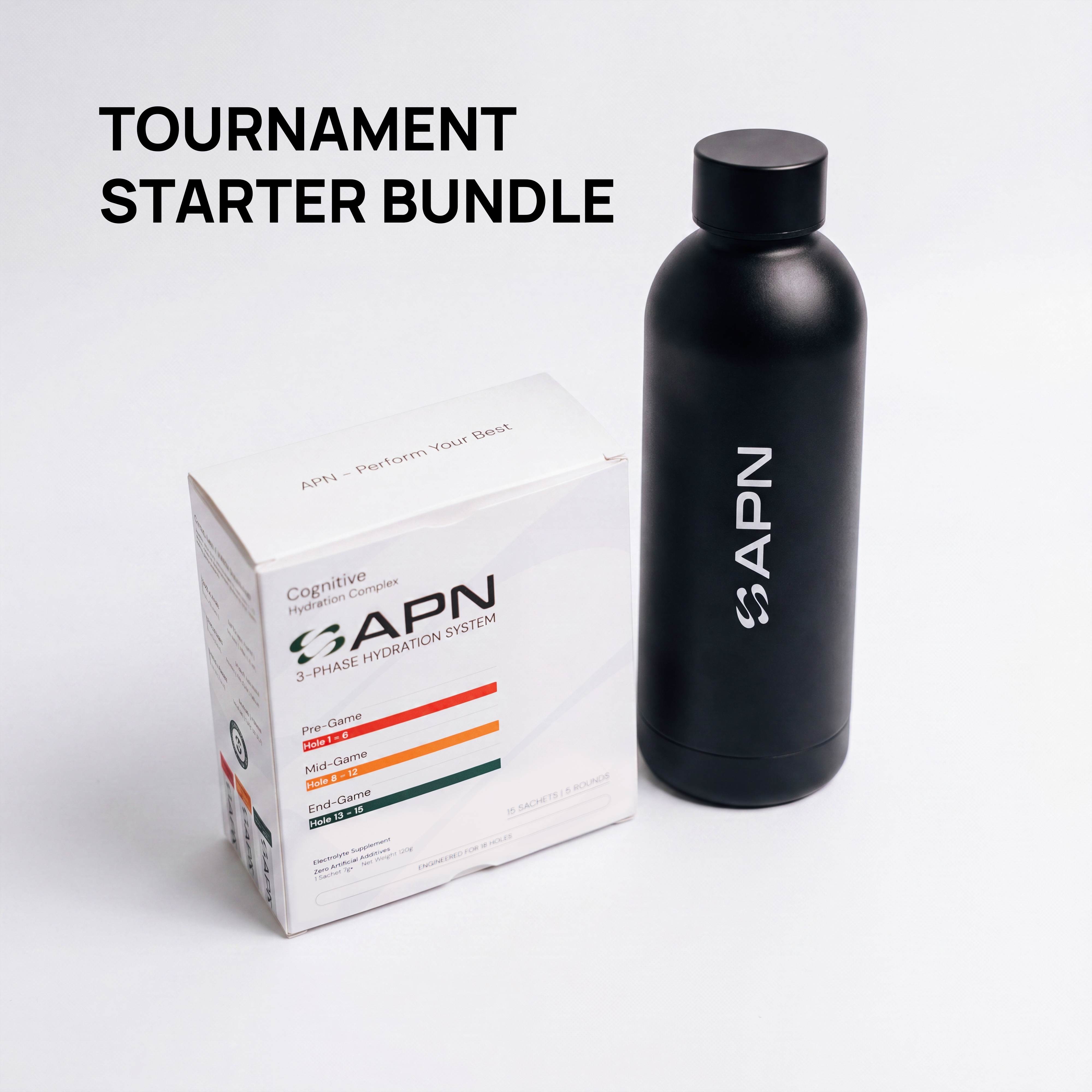 Tournament Starter Bundle — 3-phase hydration box with the matte black APN bottle