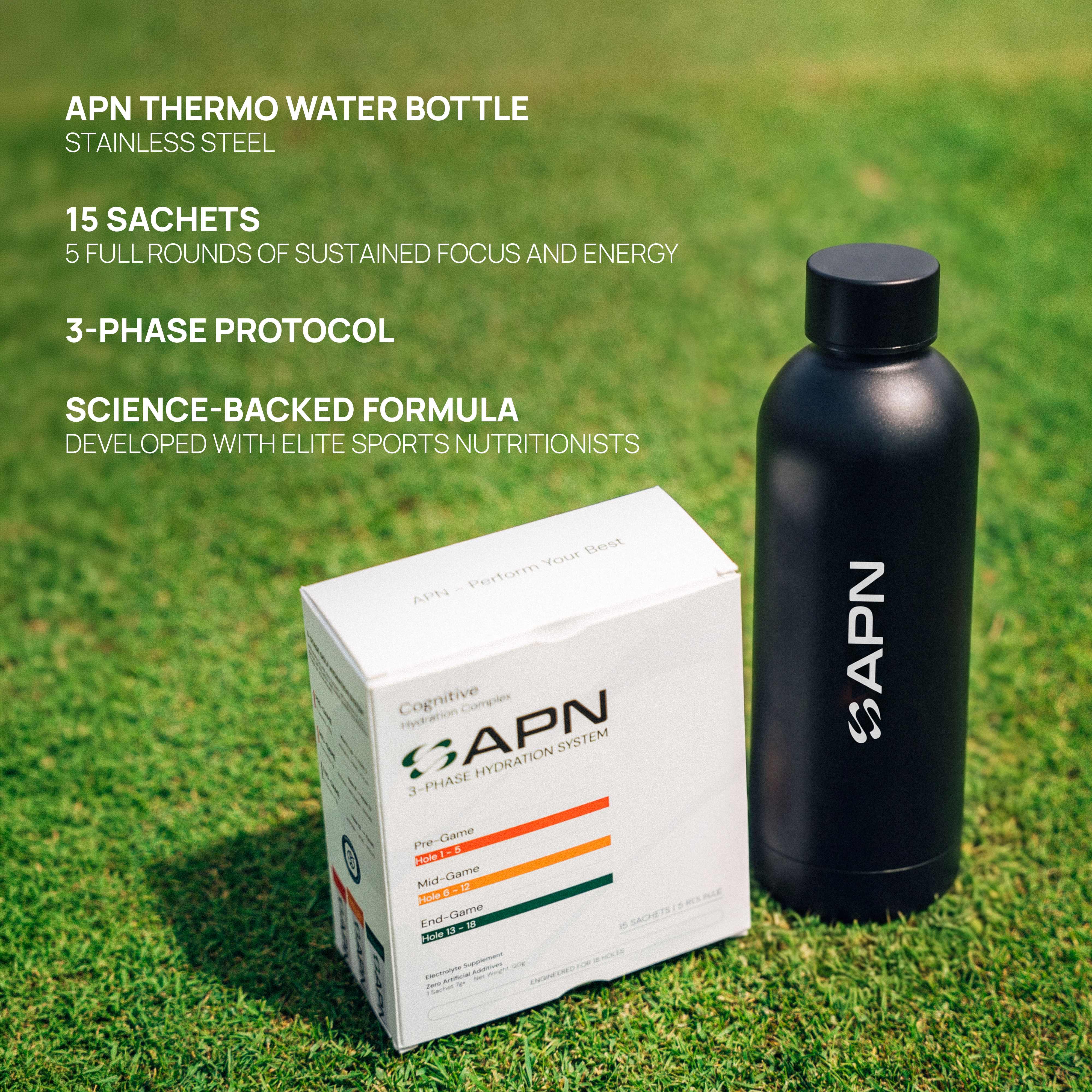 Tournament Starter Bundle — box and bottle on grass with feature highlights