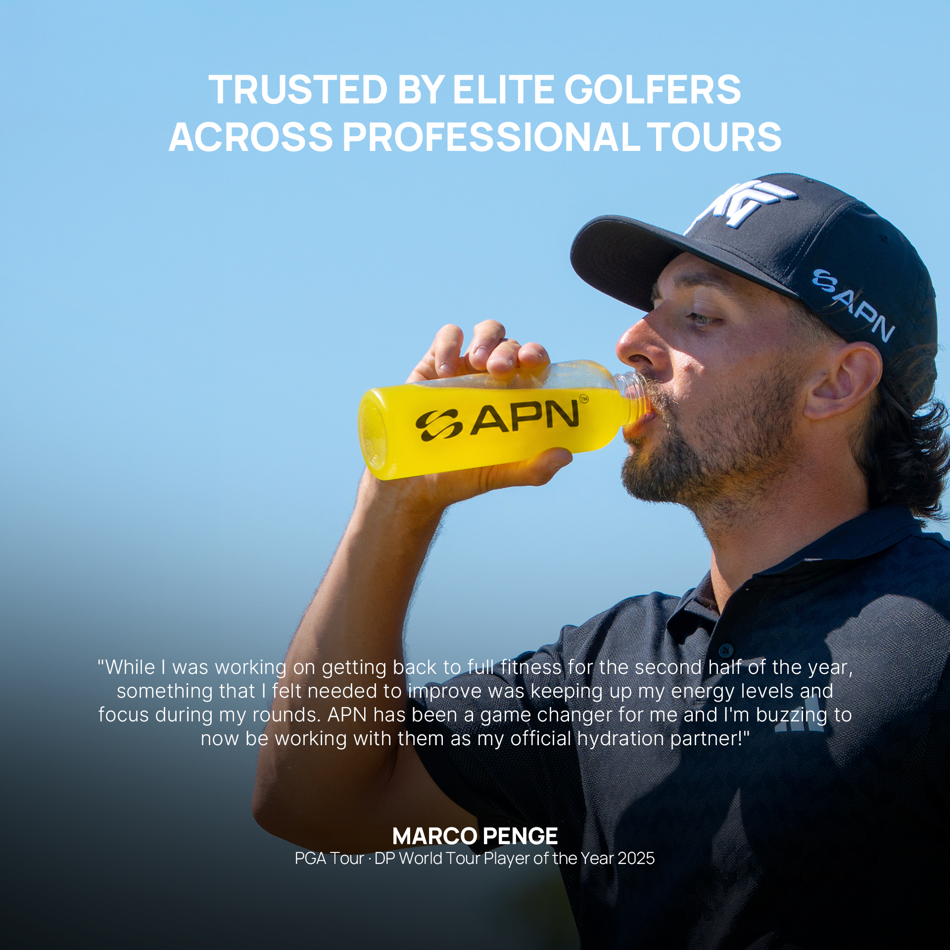 Marco Penge drinking APN — trusted by elite golfers across professional tours