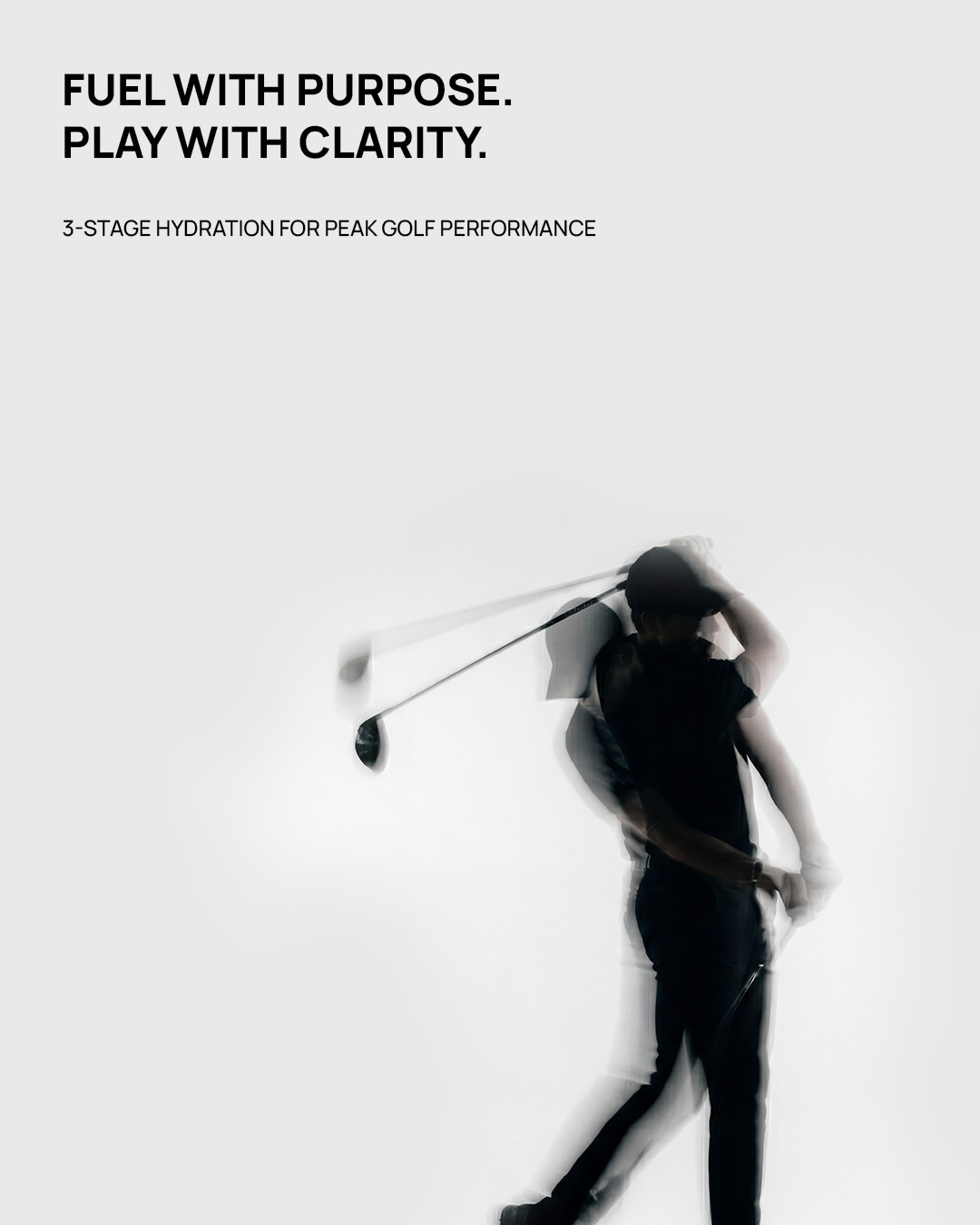Golfer mid-swing — fuel with purpose, play with clarity