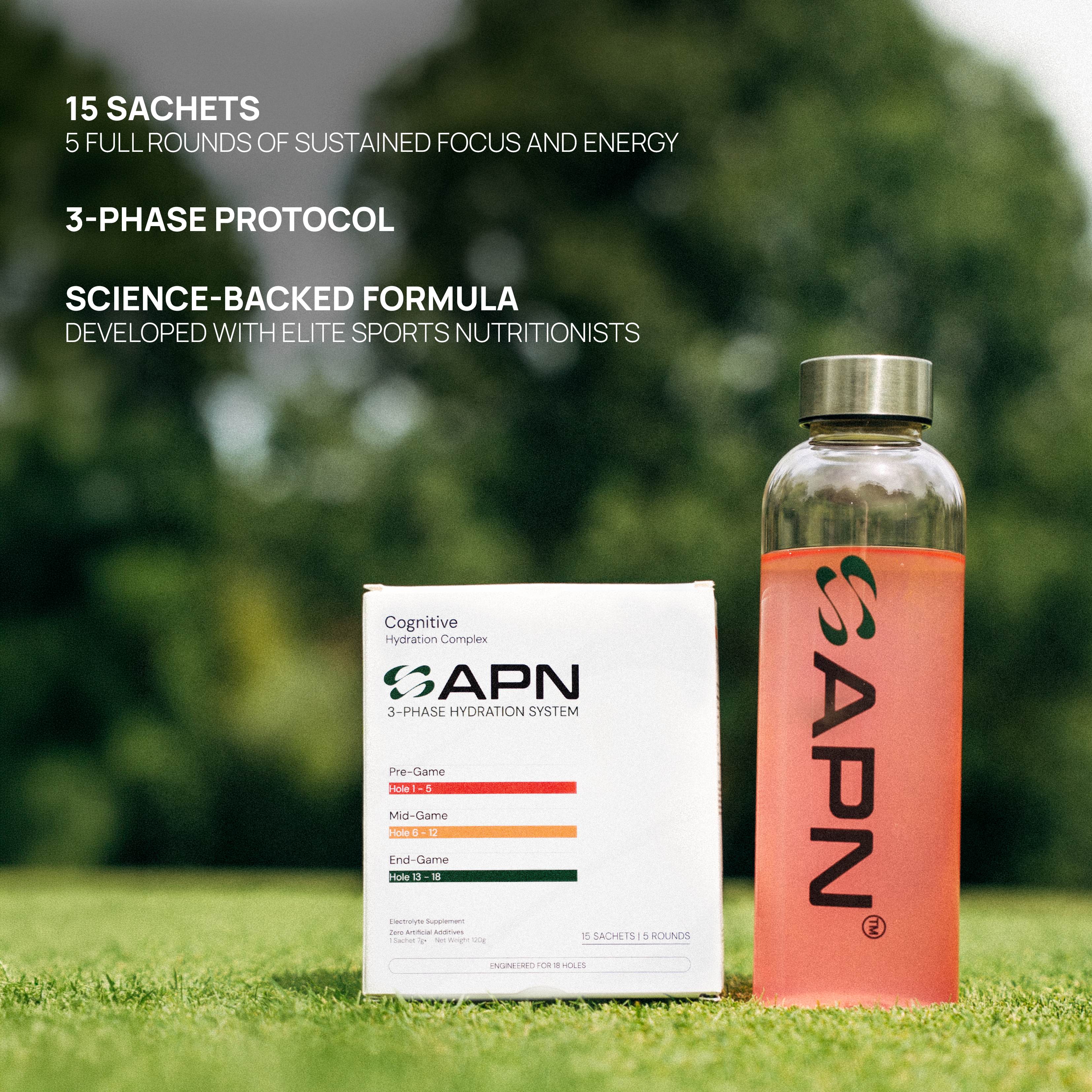 APN FUEL 3-phase hydration box beside an APN bottle — 15 sachets, 5 rounds